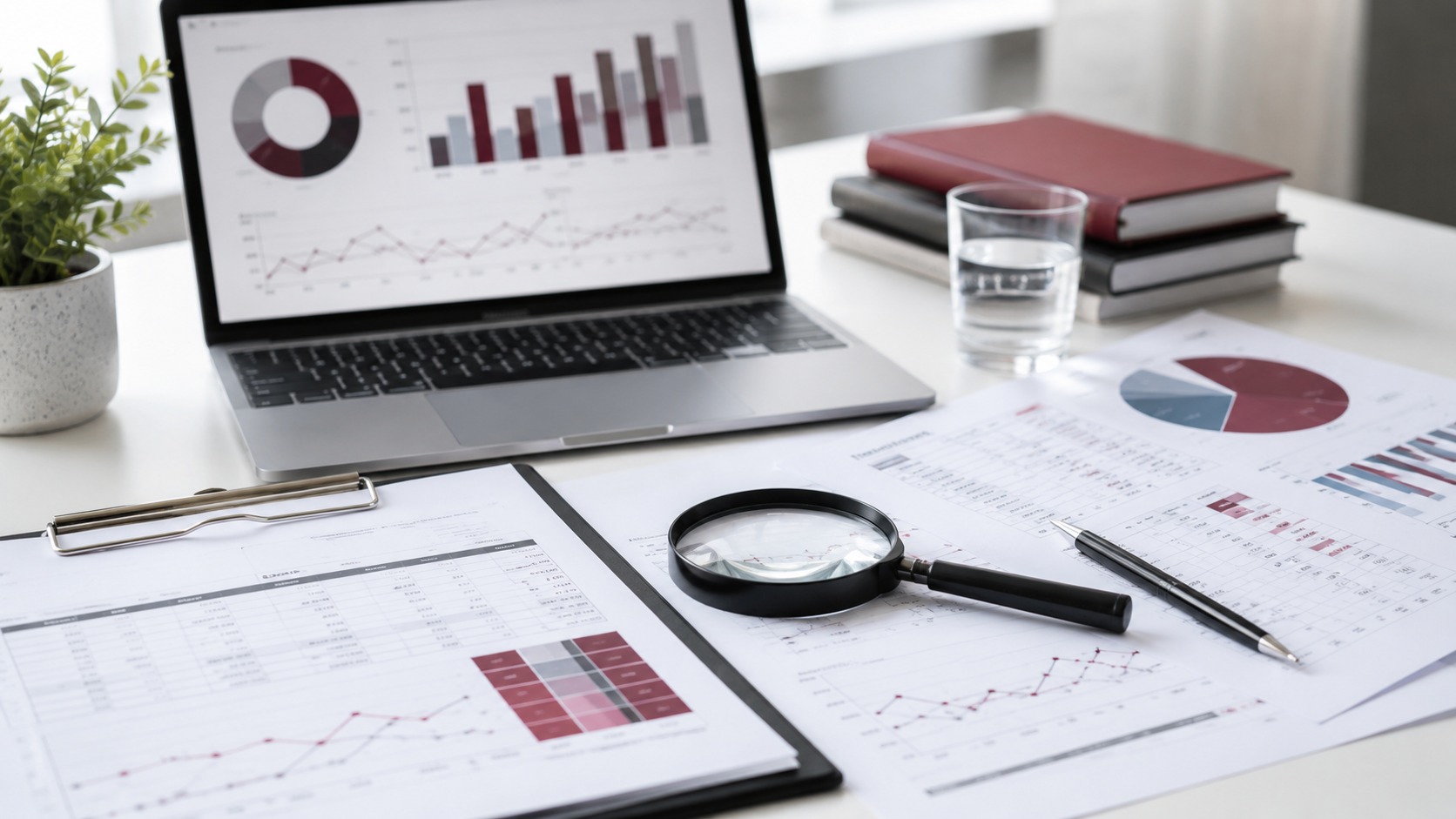 Datos analizados en un escritorio moderno con reportes y computadora