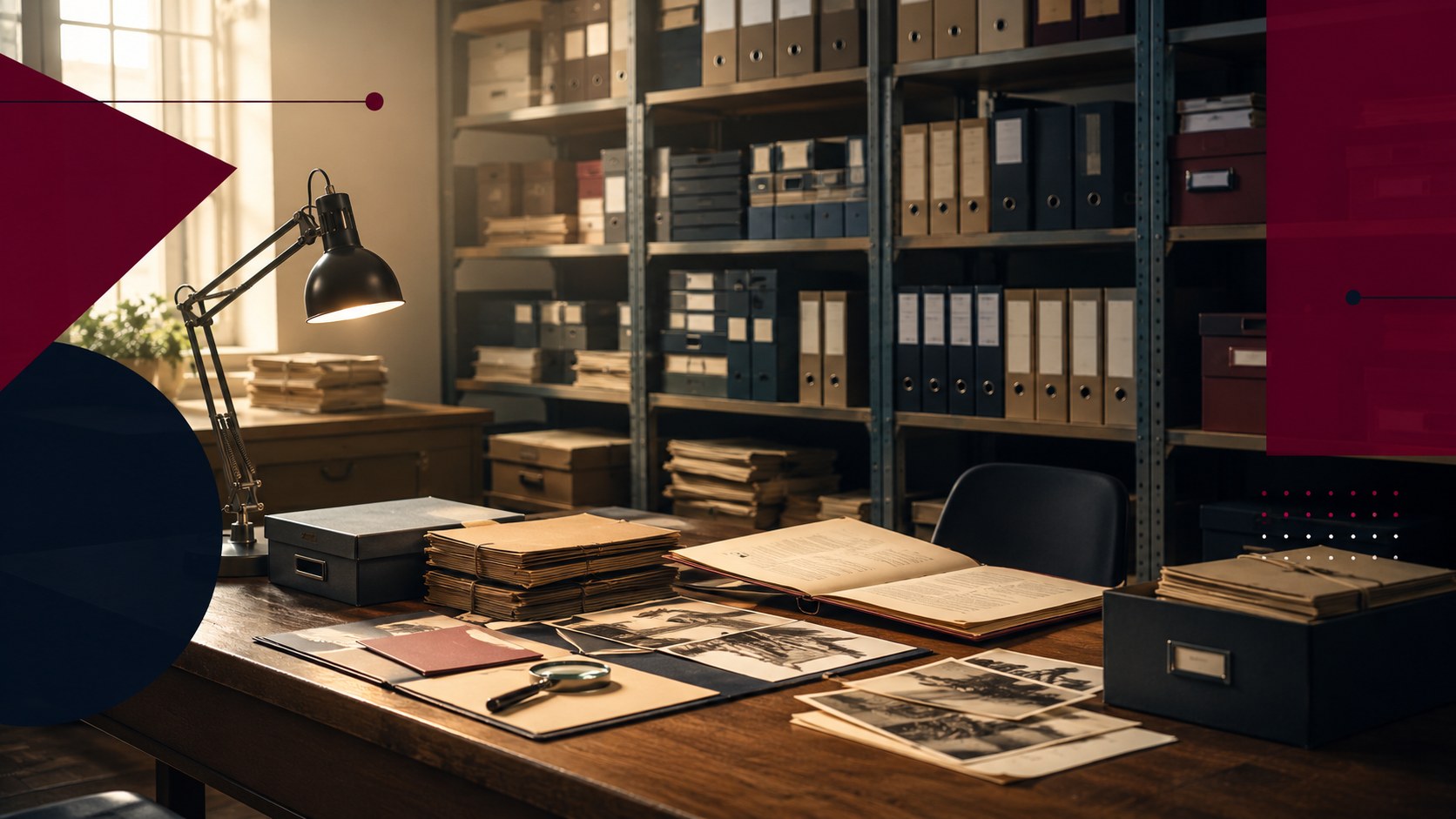 Espacio cálido de archivo con documentos, carpetas y luz de trabajo