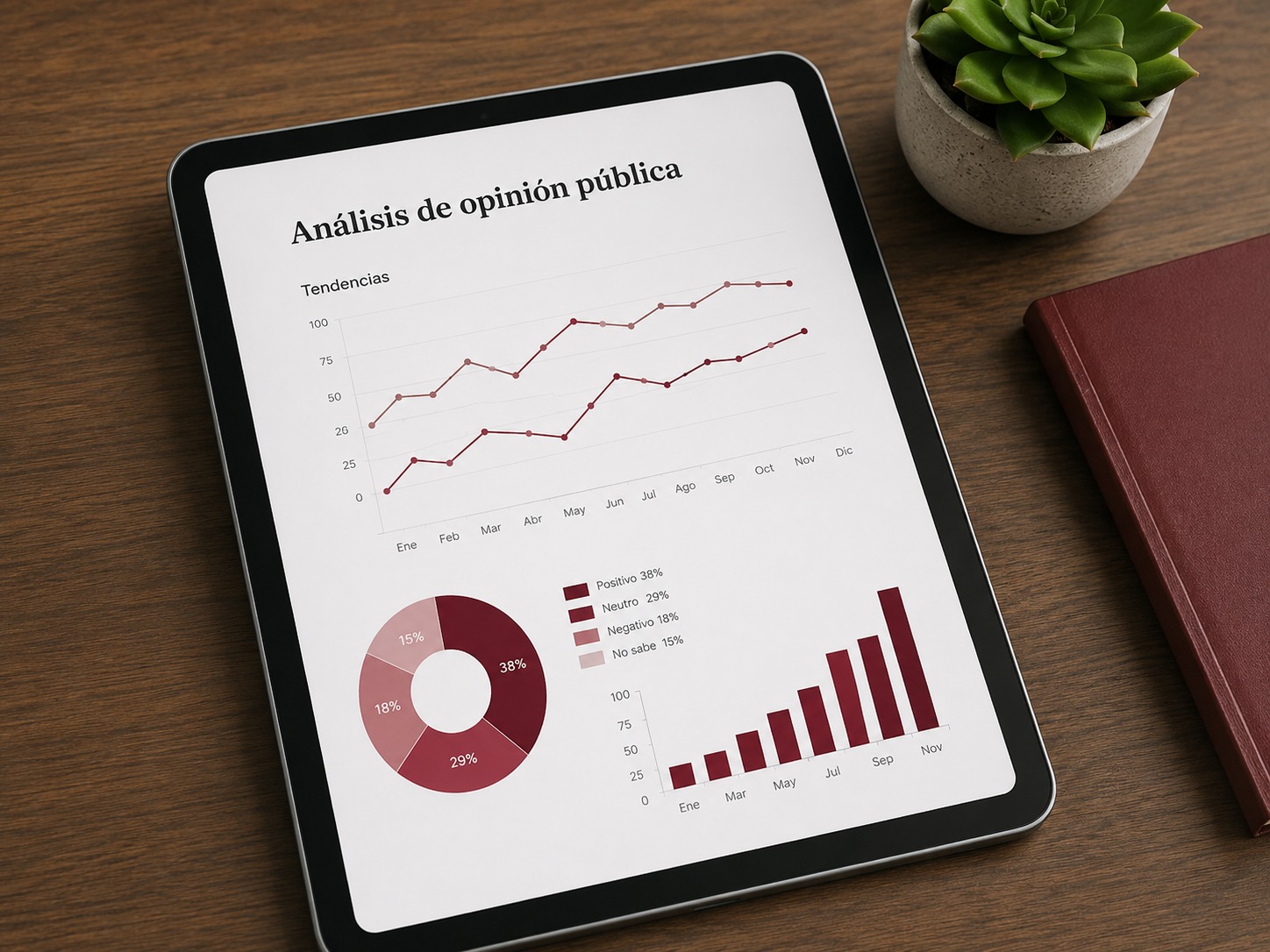 Tablet con análisis de opinión pública, gráficas y tendencias