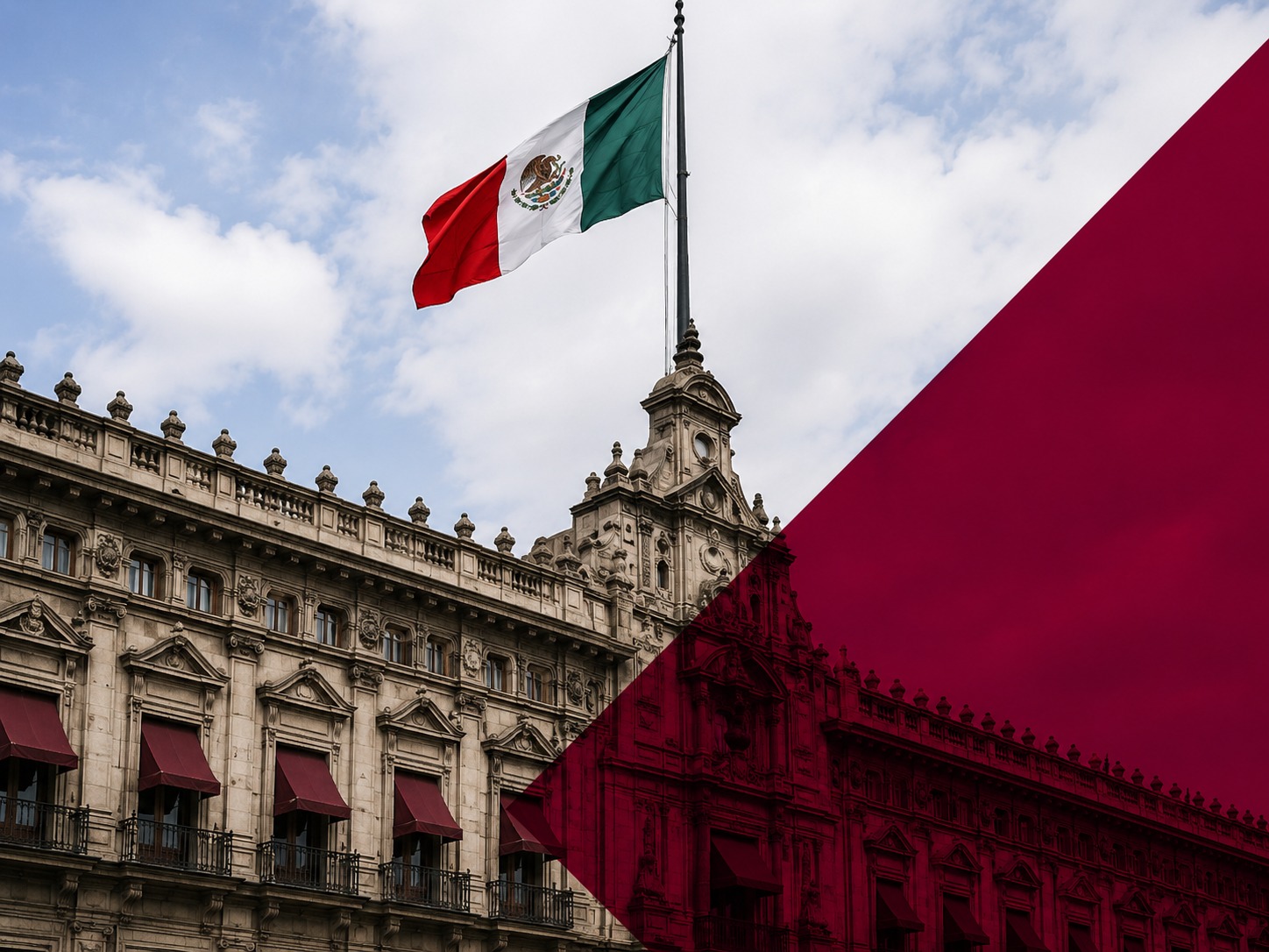 Edificio institucional mexicano con bandera nacional y superposición guinda