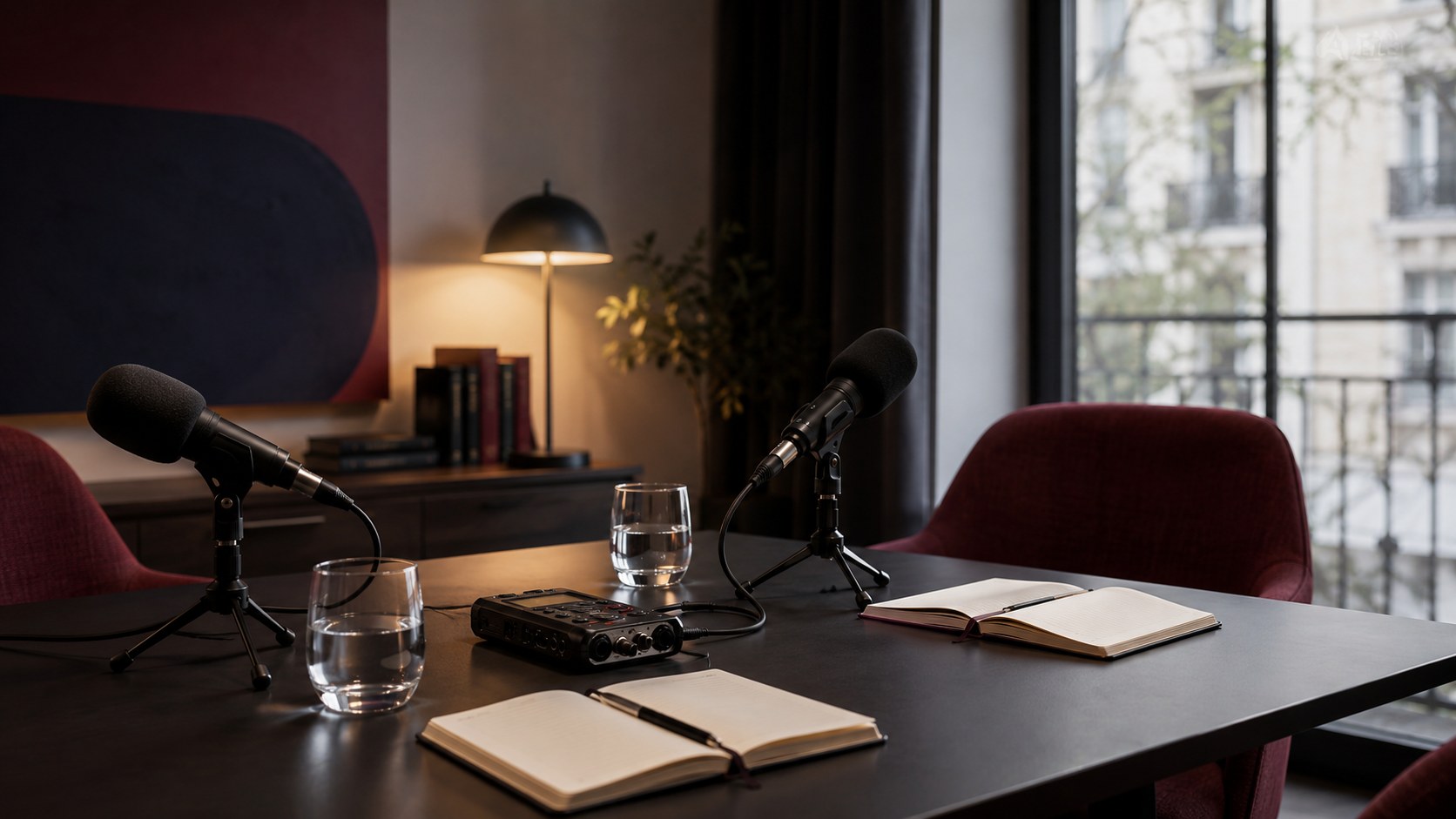 Mesa de entrevista con micrófonos y luz editorial
