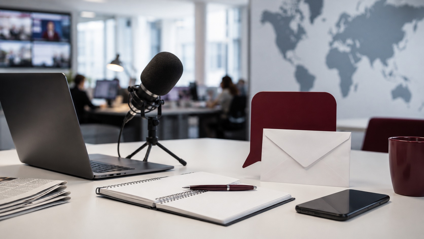 Espacio moderno con micrófono para conversación pública y revisión editorial
