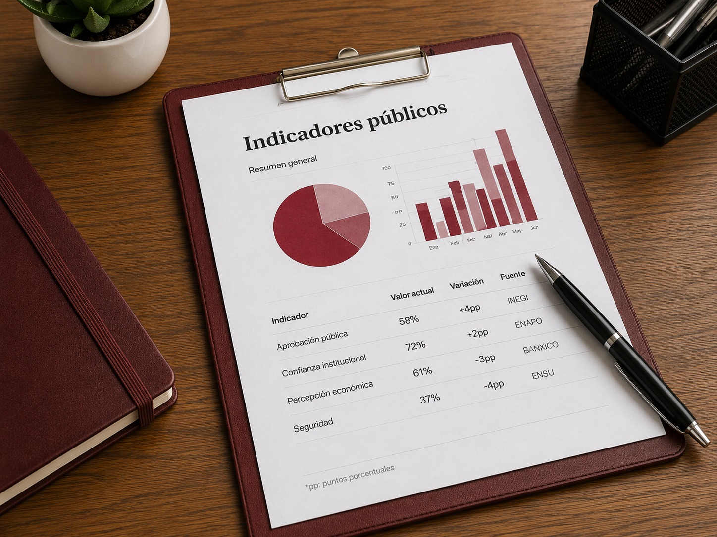 Reporte de indicadores públicos con gráficas, tabla y fuente