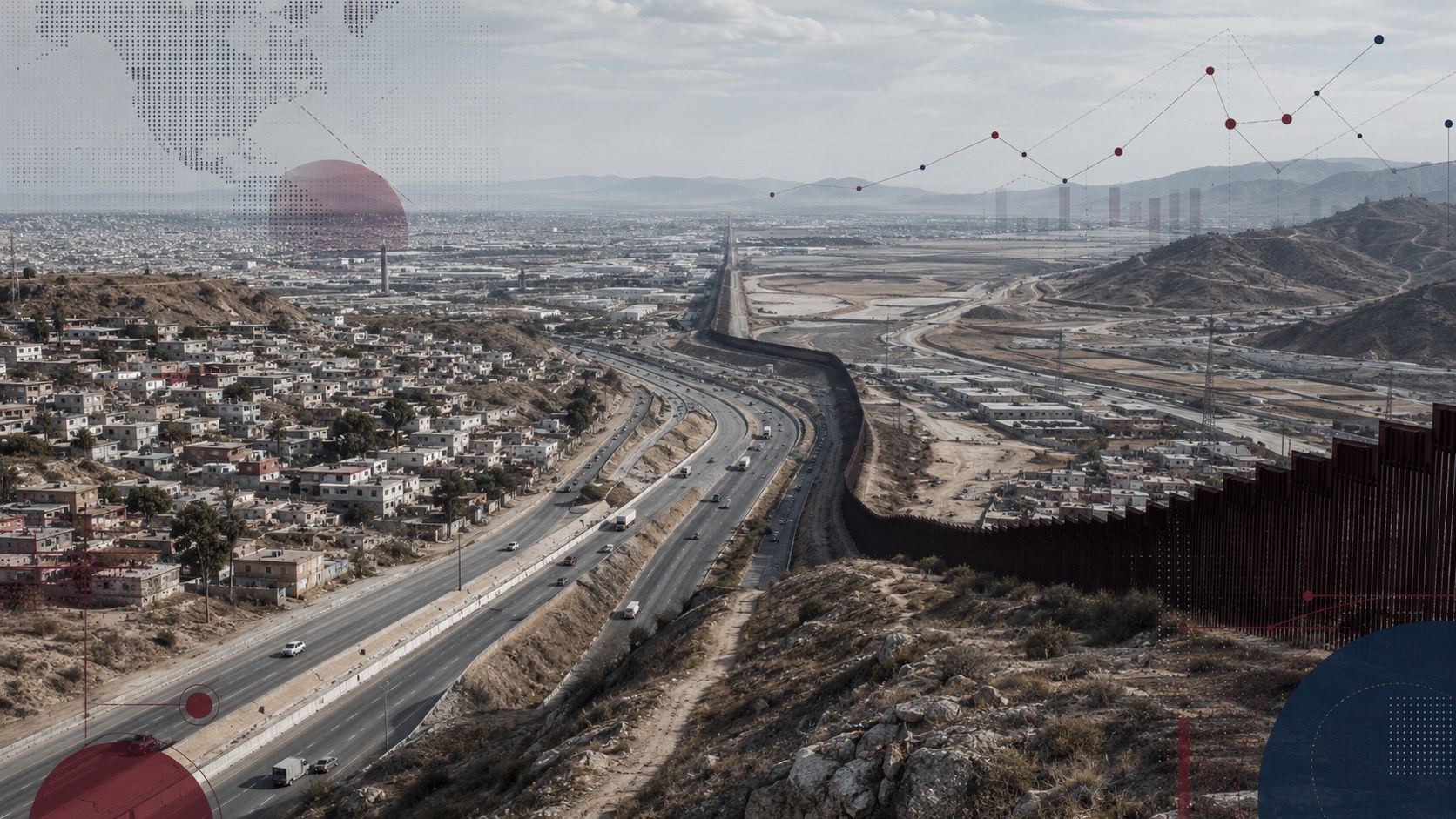 Paisaje fronterizo con carretera e infraestructura tecnológica