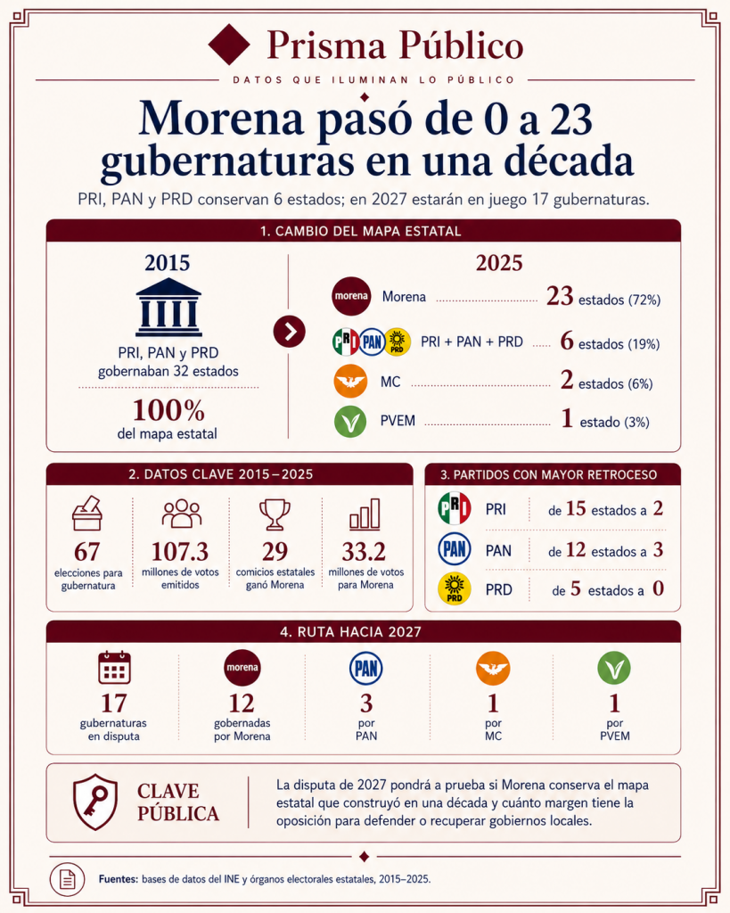Infografía de Prisma Público sobre el avance de Morena en gubernaturas estatales entre 2015 y 2025 y el escenario rumbo a 2027
