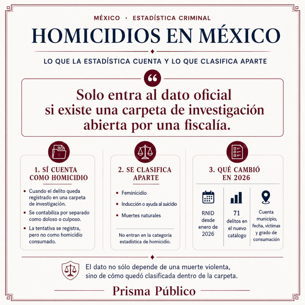 Infografía de Prisma Público sobre cómo se contabilizan los homicidios en México dentro de la estadística oficial.
