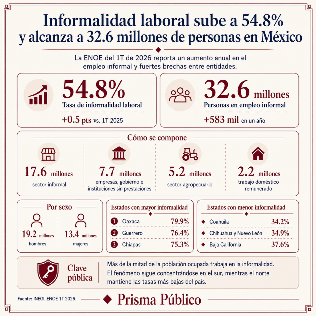 Infografía de Prisma Público sobre el aumento de la informalidad laboral en México durante el primer trimestre de 2026