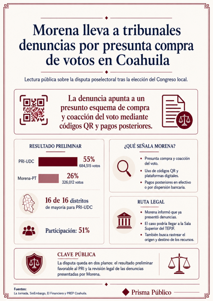 Infografía de Prisma Público sobre las denuncias de Morena por presunta compra de votos en Coahuila