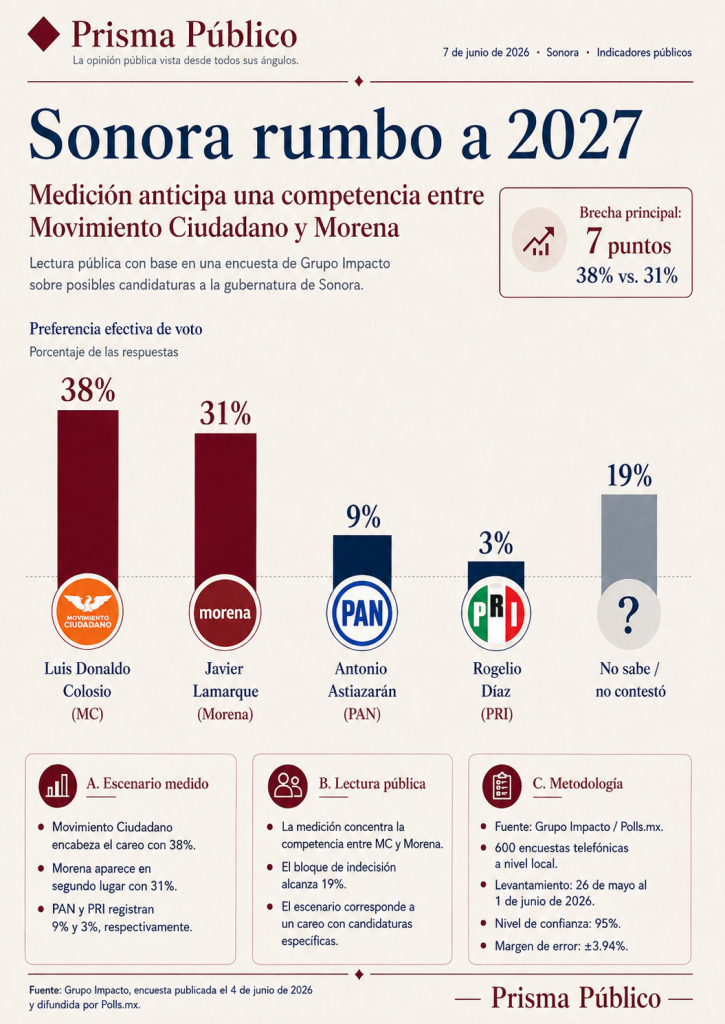 Infografía de Prisma Público sobre una encuesta de Grupo Impacto rumbo a la gubernatura de Sonora en 2027