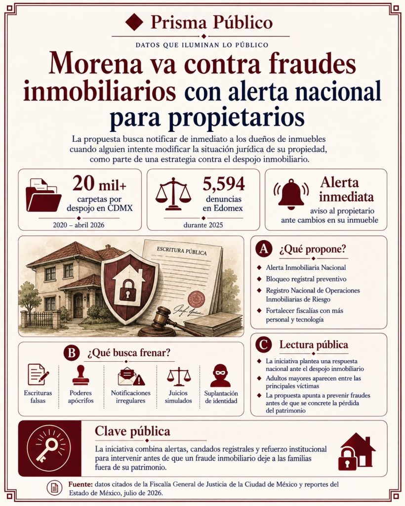 Infografía de Prisma Público sobre la propuesta de Morena para crear una Alerta Inmobiliaria Nacional contra fraudes inmobiliarios, escrituras falsas, juicios simulados y despojos de propiedades