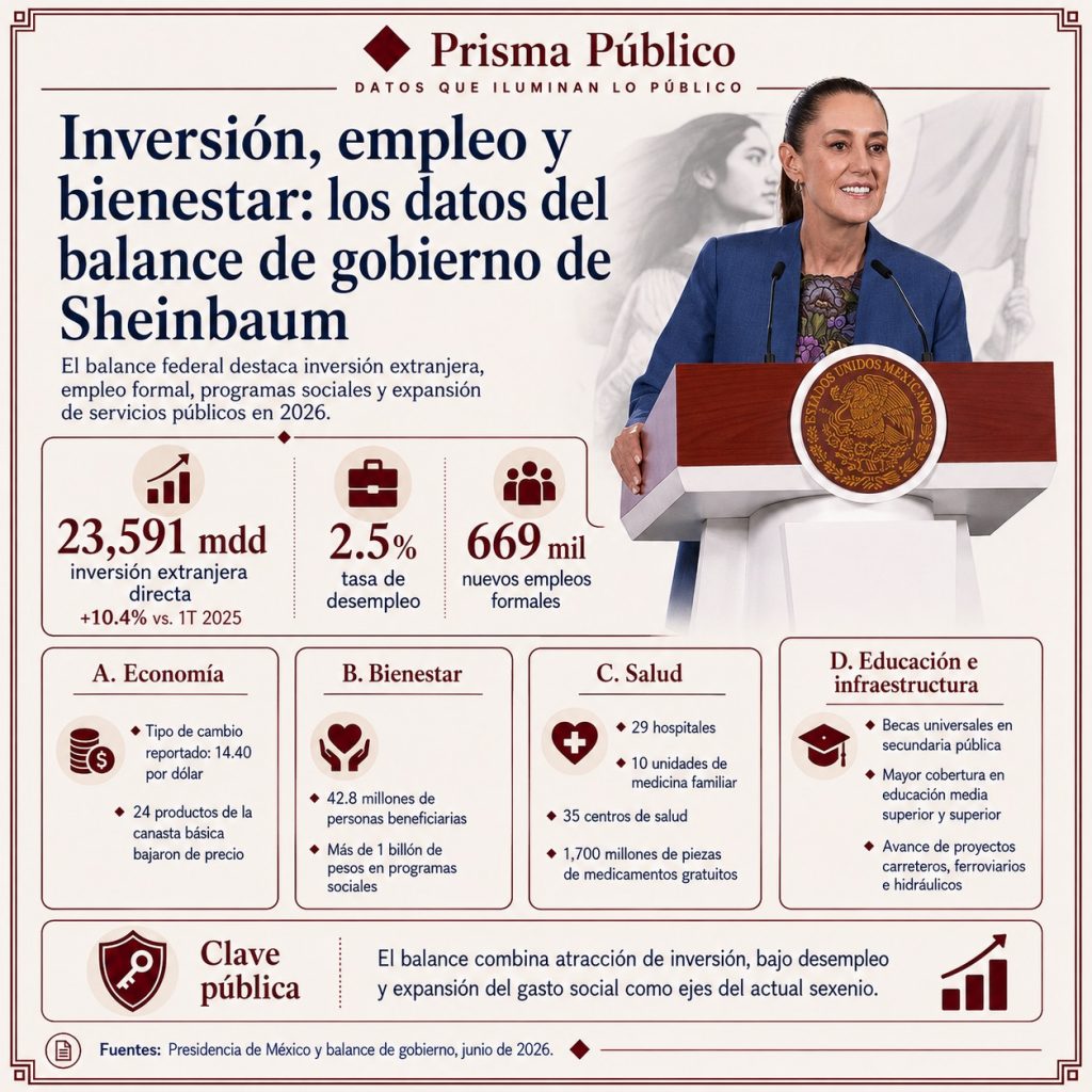Infografía de Prisma Público sobre inversión, empleo y bienestar en México con datos del balance de gobierno presentado por Claudia Sheinbaum, incluyendo inversión extranjera, desempleo, empleo formal y beneficiarios de programas sociales