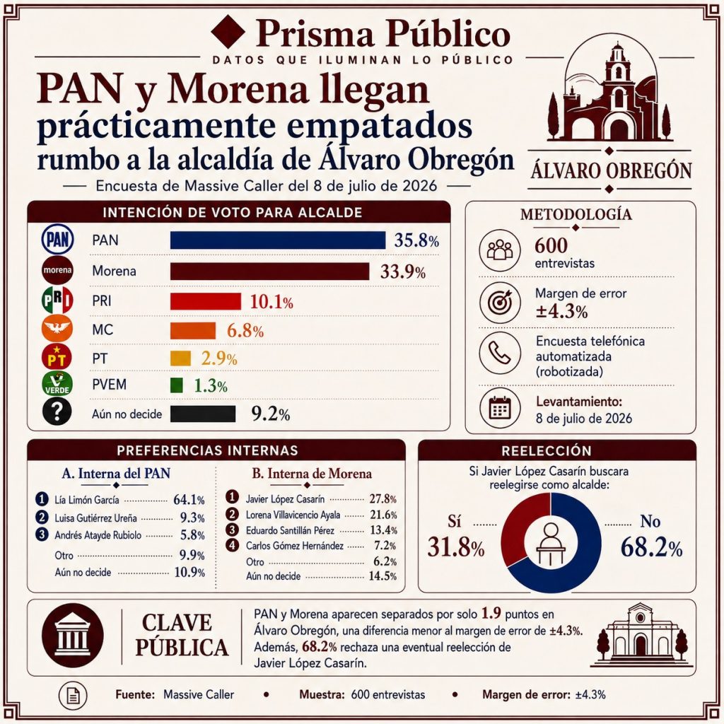 Infografía de Prisma Público sobre la elección en Álvaro Obregón rumbo a 2027, donde el PAN registra 35.8% de intención de voto y Morena 33.9%, con una diferencia de 1.9 puntos. También incluye metodología, preferencias internas del PAN y Morena, y rechazo mayoritario a una eventual reelección de Javier López Casarín