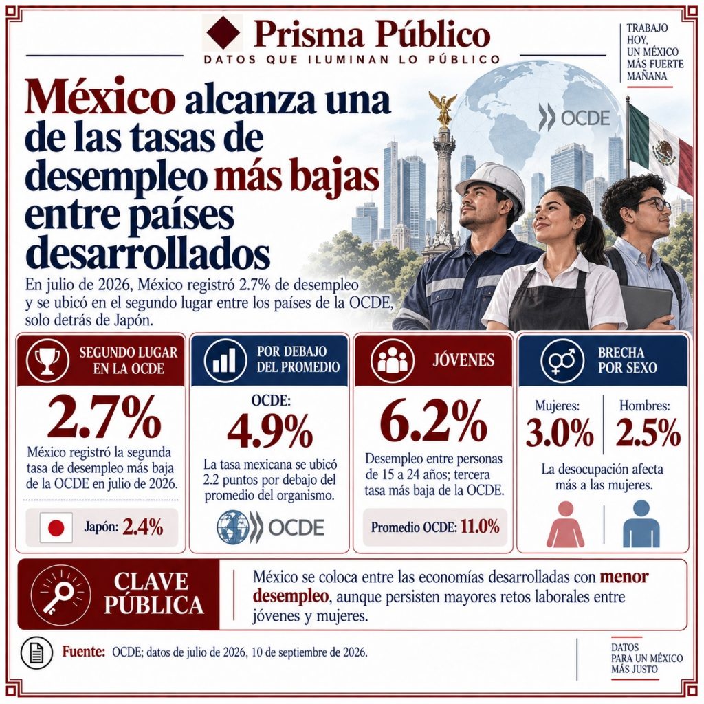 Infografía de Prisma Público sobre la tasa de desempleo en México, que se ubicó en 2.7% en julio de 2026, la segunda más baja entre los países de la OCDE