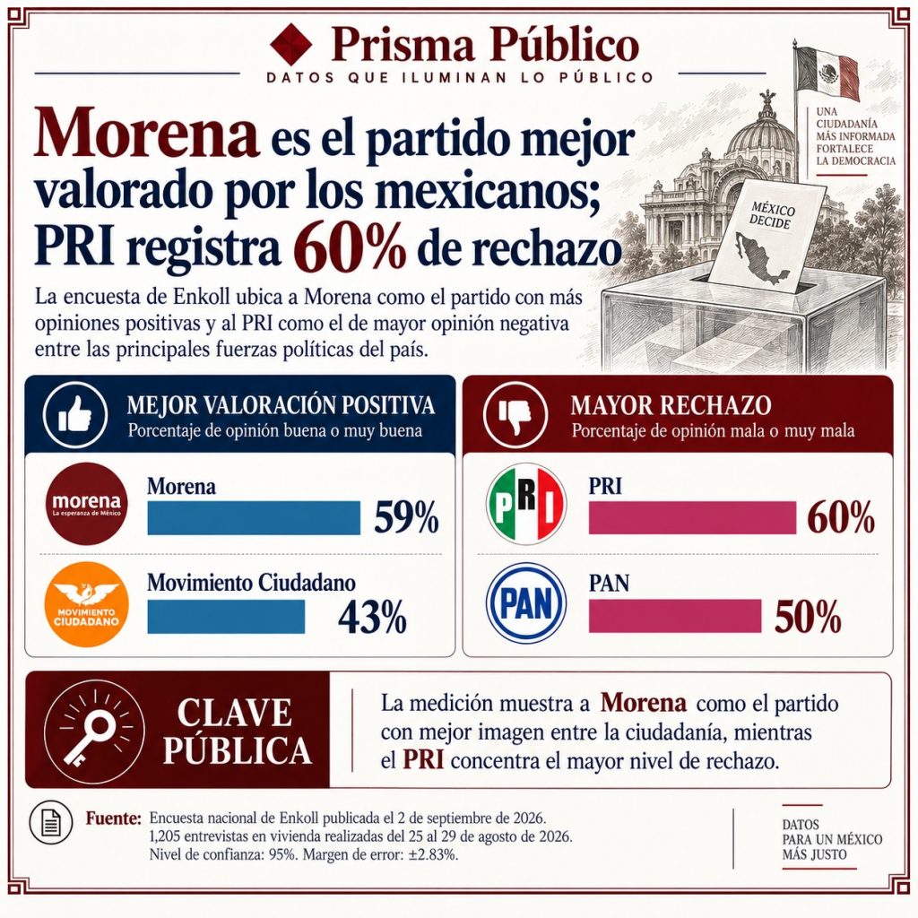 Infografía de Prisma Público sobre la encuesta de Enkoll que muestra a Morena como el partido mejor valorado por los mexicanos con 59% de opiniones positivas, mientras el PRI registra 60% de opiniones negativas.