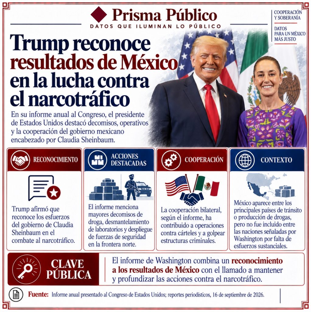 Infografía de Prisma Público sobre el reconocimiento de Donald Trump a los resultados de México en la lucha contra el narcotráfico, con una imagen de Trump y Claudia Sheinbaum y recuadros que resumen decomisos, cooperación bilateral, acciones destacadas y contexto del informe anual presentado ante el Congreso de Estados Unidos